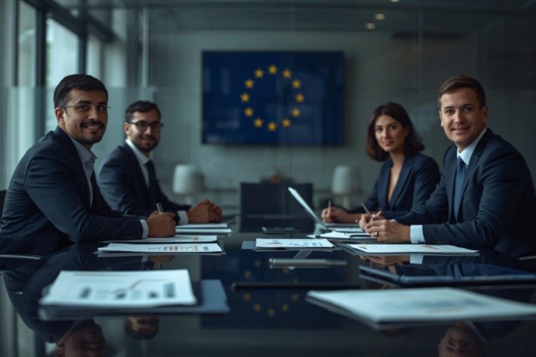 West-Europese MKB-professionals bespreken Europese aanbestedingen in een moderne zakelijke omgeving met EU-symboliek.